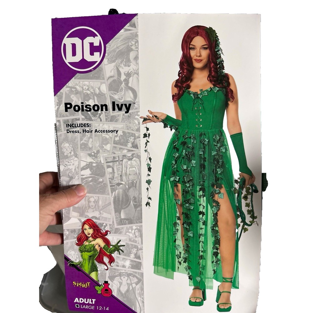Adult DC Poison Ivy Costume dress Gloves Hair Accessory women lg NWT Halloween